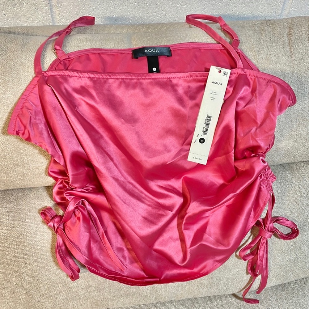 NWT bubblegum pink satin cami cinched crop cami ruched sides double square neck